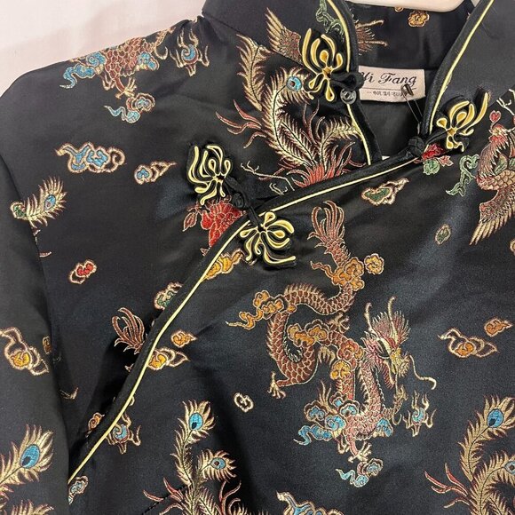 Yi Fang Asian Cheongsam Dress Women Black Embroidered Dragon Peacock Side Slit - Picture 3 of 14